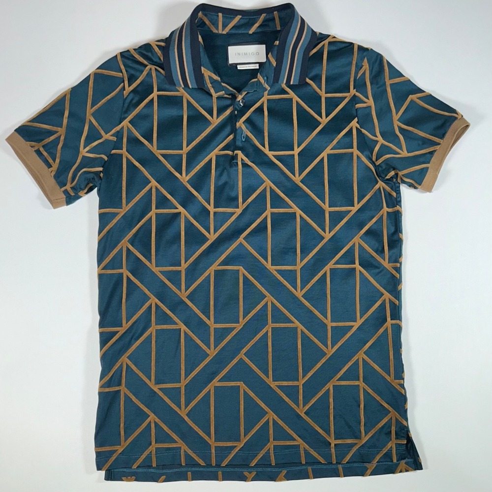 INIMIGO Mens M Polo Shirt 100% Cotton Geometric Teal Tan Made Portugal